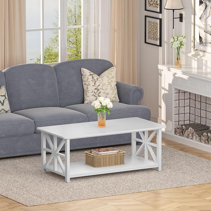 GreenForest Coffee Table for Living Room with Round Corners | Modern Style Center Table with Storage Shelf,39 Inch X-Frame Sofa Table,Space Saving,Easy Assembly,Full Wh