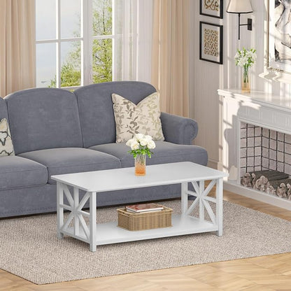 GreenForest Coffee Table for Living Room with Round Corners | Modern Style Center Table with Storage Shelf,39 Inch X-Frame Sofa Table,Space Saving,Easy Assembly,Full Wh