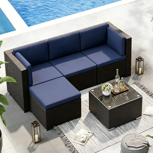 SUNCROWN 5-Piece Outdoor Patio Furniture Set, All-Weather PE Rattan Sectional Sofa with Ottoman, Glass Coffee Table & Cushions, Modular Wicker Conversation Set for Backyard, Garden, Porch, Dark Blue