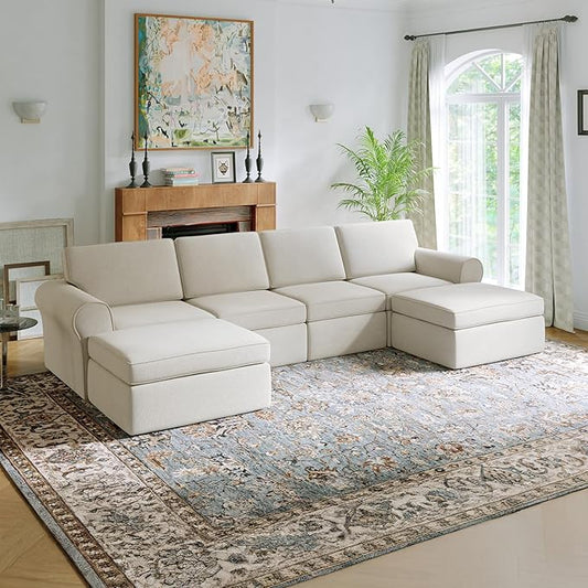 Novilla 138" Modular Sectional Sofa, Modular Sectional Couches for Living Room, Chenille Removable Cover Boneless Couch with Smarts Coil® Support U-Shaped Couch(Beige, 4 Seater + 2 Ottoman)