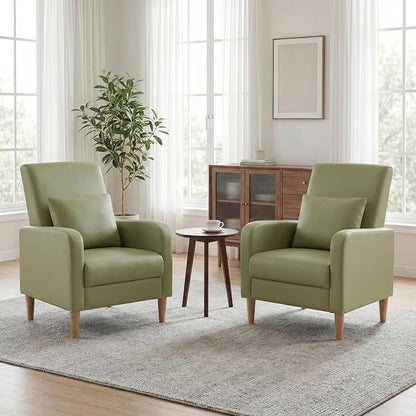 COLAMY Mid-Century Modern Accent Chairs Set of 2, Faux Leather Upholstered Living Room Chairs with Back Pillow & Solid Wood Legs, Comfy Armchair for Living Room, Bedroom, Single Sofa, Light Green