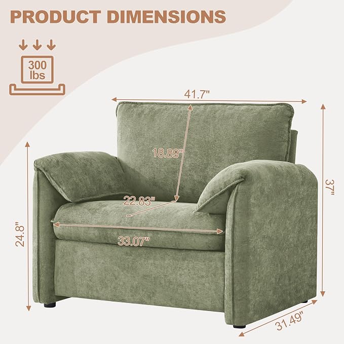 Oversized Accent Chair for Living Room, 41.73" Large Modern Armchair with Deep Seat, Mid-Century Comfy Reading Chair with Padded Arms, Chenille Single Sofa Chairs for Bedroom, Green