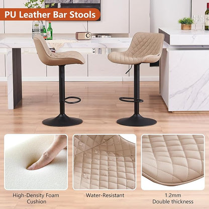 YOUTASTE Khaki Bar Stools Set of 2, Mid-Century Modern Adjustable Swivel Counter Height Chairs with Back, Faux Leather Upholstery, Black Metal Base, Ideal for Kitchen, Island, Dining Room, Restaurant