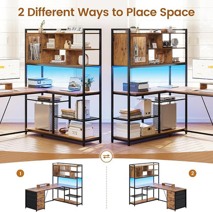 SEDETA L Shaped Computer Desk, 58'' Office Desk with 3 Drawers and Bookshelf, L Shaped Corner Desk with Storage Shelves and LED Light for Home Office, Gaming Desk, L Desk, Rustic Brown