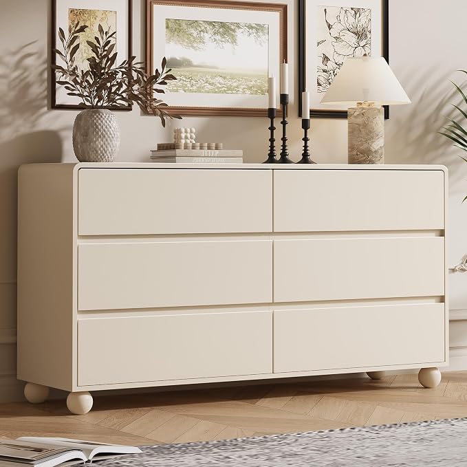 MAISONARIA Mid-Century 3-Piece Dresser Bedroom Set, 6 Drawer Dresser & 2 Drawer Nightstands with Curved Profile Design & Handle Free, Wood Chest of Drawers for Bedroom, Living Room, Hallway, Beige