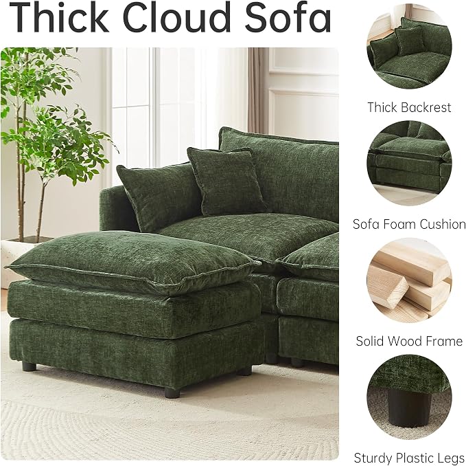 Modular Sectional Sofa, 112.2 Inch Rectangle Shaped Couch Set with Armrests, 3-Seater Comfy Cloud Couches for Living Room Apartment, Green