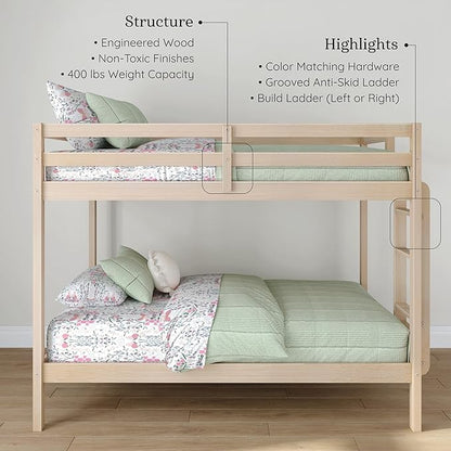 Grain & Grove Bear Twin Over Twin Bunk Bed, Sturdy Bunk Bed Frame for Kids, Plywood Bunk with Ladder, Guardrail, and Slats, No Box Spring Required, Oak Embossed Natural
