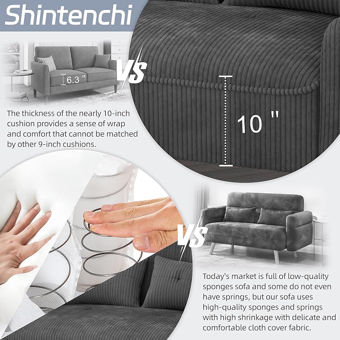 Shintenchi 48'' Loveseat Sofa, Mid-Century Modern Upholstered Couch Deep Seat with 2 Pillows, 10" Thick Cushion with Spring, Solid Wood Frame Small Couch for Living Room, Dorms & Office, Dark Grey