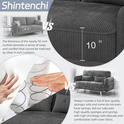 Shintenchi 48'' Loveseat Sofa, Mid-Century Modern Upholstered Couch Deep Seat with 2 Pillows, 10" Thick Cushion with Spring, Solid Wood Frame Small Couch for Living Room, Dorms & Office, Dark Grey
