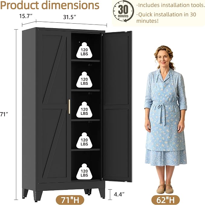 71”H Metal Kitchen Pantry Cabinet, Pantry Cabinets with 2 Doors and 4 Shelves, Kitchen Cabinet for Kitchen, Dining Room, Living Room and Bathroom, Black