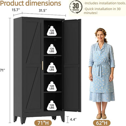 71”H Metal Kitchen Pantry Cabinet, Pantry Cabinets with 2 Doors and 4 Shelves, Kitchen Cabinet for Kitchen, Dining Room, Living Room and Bathroom, Black