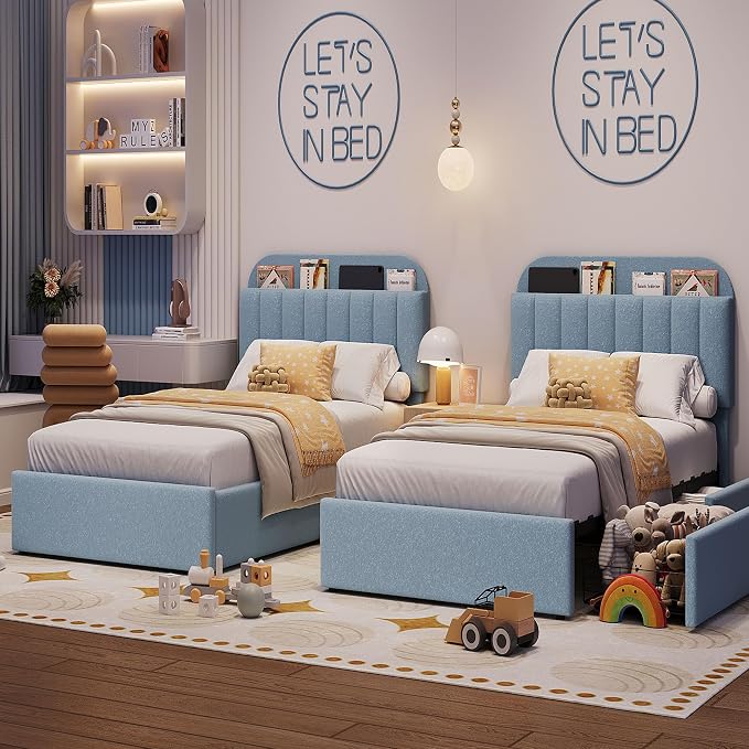 Garvee Twin Size Bed Frame with 2 Flexible Drawers, Boucle Upholstered Platform Bed Frame with Bookcase Headboard, Bedframe for Kids/Boys, Easy Assembly, No Box Spring Needed, Noise Free, Blue