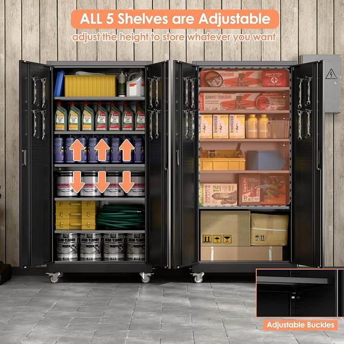 Garage Storage Cabinet with Wheels & Pegboard Doors, Lockable Metal Storage Cabinet with 5 Adjustable Shelves for Garage, Home, Black, Assembly Required, 71" H x 34" W x 18" D