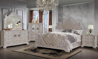First of a Kind Santa Monica Traditional 5 Piece Queen Bedroom Set with Upholstered Tufted Headboard Elegant Classic Design Coordinated Furniture Collection, White