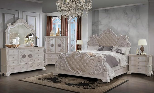 First of a Kind Santa Monica Traditional 5 Piece Queen Bedroom Set with Upholstered Tufted Headboard Elegant Classic Design Coordinated Furniture Collection, White