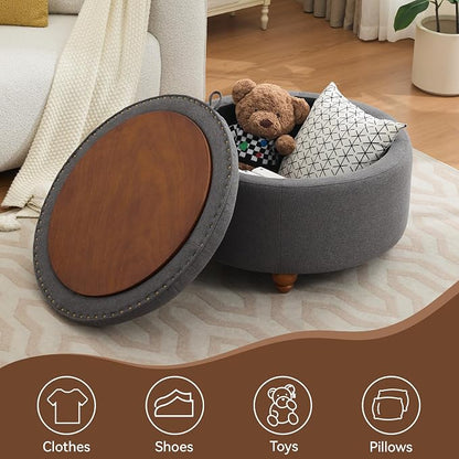 WUTUTUEE 30Inch Round Storage Ottoman with Tray, Modern Tufted Fabric Circle Coffee Table with Storage, Upholstered Ottoman with Removable Top for Living Room, Bedroom, Dark Grey