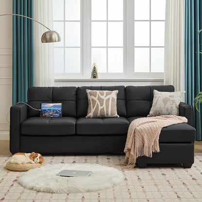 TYBOATLE Black Sectional Couches w/Side Pockets for Living Room, Comfy Faux Leather Modular Convertible L Shaped Sofas with USB & Ottoman, Leather Sectional for RV Apartment Office