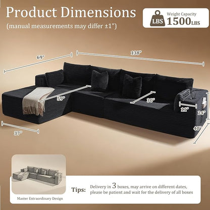 138" Oversized Cloud Sectional Couch, Comfort L Shaped Boneless Couch for Living Room, Extra Deep Seats No Assembly, Minimalist Modular Sofa, Corduroy (Black, 3 Seater+Left Facing Chaise)