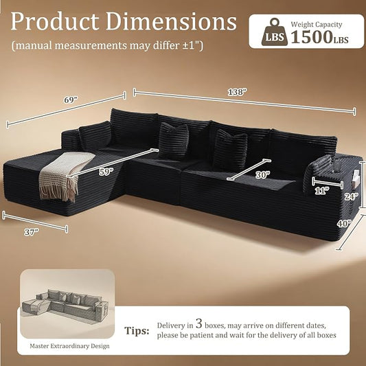 138" Oversized Cloud Sectional Couch, Comfort L Shaped Boneless Couch for Living Room, Extra Deep Seats No Assembly, Minimalist Modular Sofa, Corduroy (Black, 3 Seater+Left Facing Chaise)