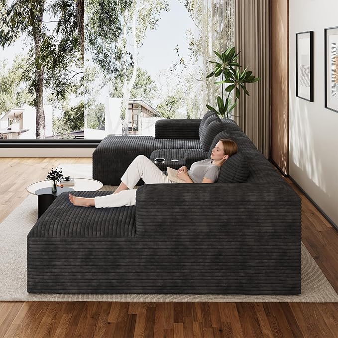 143" Oversized U Shaped Cloud Sectional Couches for Living Room, Comfy Fluffy Corduroy Dark Grey Boneless Couch, Large Modular Sectional Sofa Set with Chaise, Cup Holder, USB Port, Storage Console