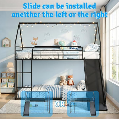 Bunk Bed with Slide, Twin Over Twin Bunk Bed with Ladder and Guardrail, Space Saving & Heavy Duty House Loft Bed for Kids, No Box Spring Needed(Black)