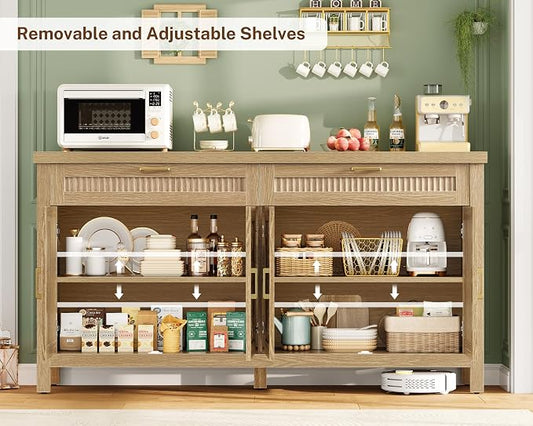 usikey 63" Buffet Cabinet with Storage, Large Sideboard Buffet Cabinet with 2 Adjustable Shelves and 2 Drawers, Modern Fluted Coffee Bar for Kitchen, Living Room, Natural