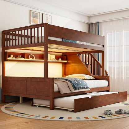 Modern Bunk Bed Full XL Over Queen Size with Storage Shelves and Staircase, Solid Wood Bunk Bed Frame with Trundle and LED Light for Kids Teens Adults (Walnut-3.9)