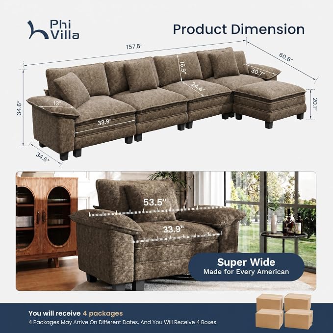 PHI VILLA Cloud Modular Couch Sets, 157.5" Oversized Sectional Sofa with L-Shaped Chaise, 5-Seater Upholstered Couches with Movable Ottoman for Living Room, Chenille Grayish Brown