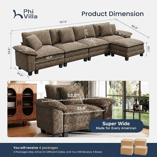 PHI VILLA Cloud Modular Couch Sets, 157.5" Oversized Sectional Sofa with L-Shaped Chaise, 5-Seater Upholstered Couches with Movable Ottoman for Living Room, Chenille Grayish Brown