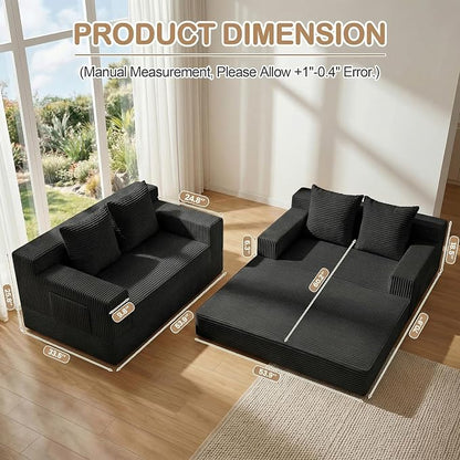 Boneless Loveseat Small Couch Bed, Futon Sleeper Sofa Bed,Convertible Pull Out Couch with 2 Pillows,Corduroy Folding Floor Couch for Living Room,No Assembly Required,Black
