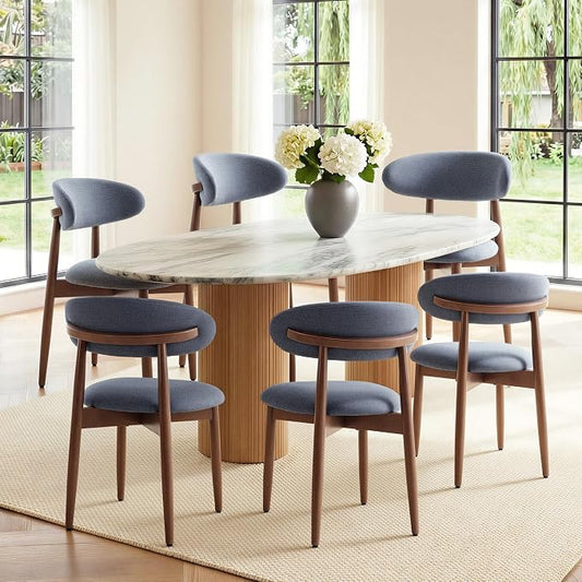 COLAMY Mid-Century Modern Wooden Dining Chair Set of 6, Indoor Upholstered Kitchen Chairs with 2.6" Cozy Padded Seat, Walnut Finish Side Dining Chair, [Blue]