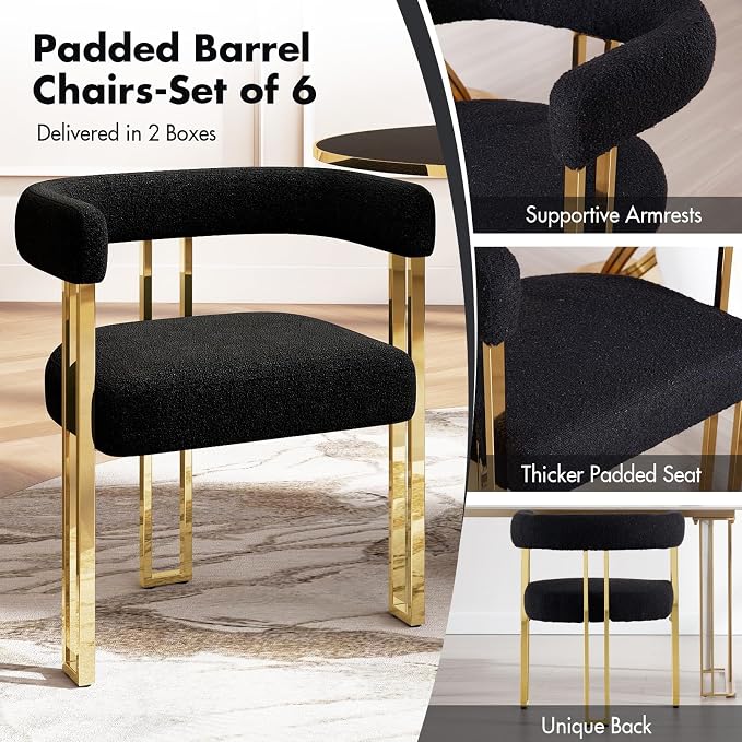 Hyfirm Set of 6 Modern Black Boucle Dining Chairs with Gold Metal Legs, Mid Century Accent Upholstered Barrel Armchairs with Open-Back for Kitchen, Dining Room, Living Room, Apartment