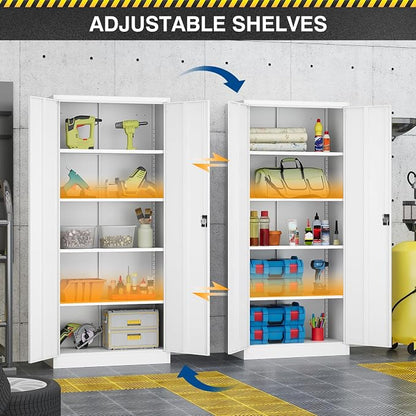 Fesbos Metal Storage Cabinet-71” Tall Steel File Cabinets with Lockable Doors and Adjustable Shelves-White Steel Storage Cabinet for Home,Kitchen, School, Office, Garage