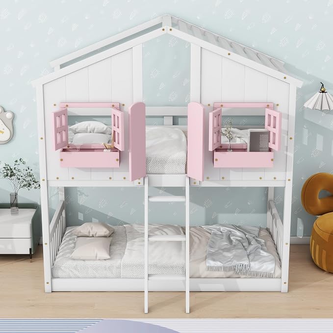 Twin over Twin House Bunk Bed with Roof,Windows,Door,Window Boxes,Safety Guardrails & Ladder,Pine Wood Frame,Low-Height Kids Bunk Beds for Bedrooms,Playful Loft Bed with Easy Assembly, Pink+White