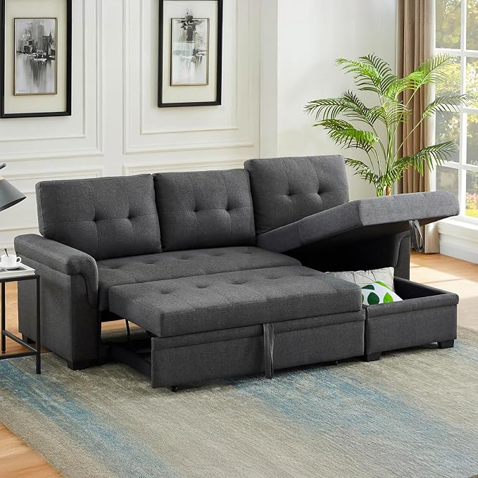 Lilola Home Convertible Sectional Sleeper Sofa Bed 84 Inch, L Shaped Couch with Pull Out Bed, Storage Chaise, Removable Back Cushions for Living Room, Office, Linen Fabric, Dark Gray