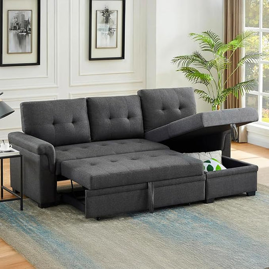 Lilola Home Convertible Sectional Sleeper Sofa Bed 84 Inch, L Shaped Couch with Pull Out Bed, Storage Chaise, Removable Back Cushions for Living Room, Office, Linen Fabric, Dark Gray