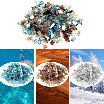 Onlyfire 10 Pounds Blended Reflective Fire Glass for Fire Pit Fireplace and Landscaping, 1/2 Inch Mixed Colored High Luster Fireglass Rocks for Outdoor and Indoor Use - Aqua Blue+Platinum+Copper