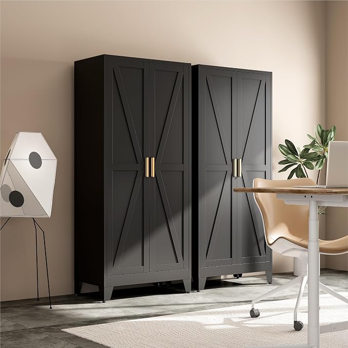 Metal Wardrobe Closet with Doors and Shelves, 71" Farmhouse Bedroom Armoire with Hanger Rod and Clothing Shelf, Black Metal Closet Cabinet for Garage, Office, Laundry Room