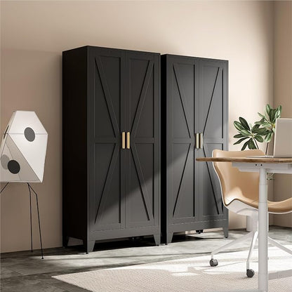 Metal Wardrobe Closet with Doors and Shelves, 71" Farmhouse Bedroom Armoire with Hanger Rod and Clothing Shelf, Black Metal Closet Cabinet for Garage, Office, Laundry Room