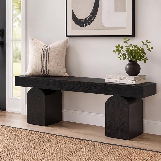 Tribesigns 59" Modern Entryway Bench, Black Wooden Shoe Bench with Arched Base, Sturdy End of Bed Bench for Entryway, Living Room & Bedroom