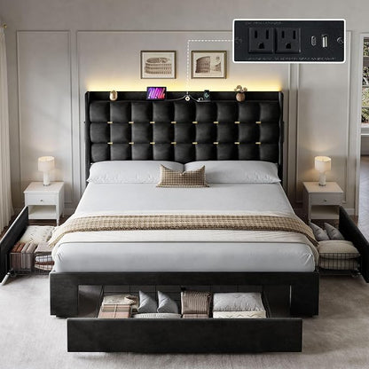 YITAHOME Queen Size Bed Frame with 3 Storage Drawers and RGB LED Lights, Velvet Upholstered Bed with Charging Station and Storage Headboard, No Box Spring Needed, Easy Assembly, Noise-Free, Black