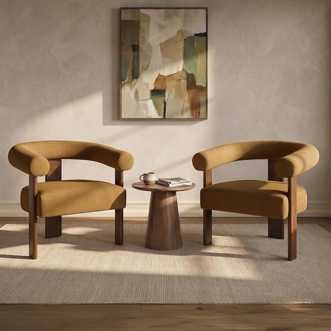 VKNOW Accent Chairs Set of 2, Living Room Chairs with Walnut Legs, Orange | Mohair-type Fabric, Barrel Back, Armrests, For Adults and Family, Living Room, Bedroom, Vanity, No Wobble, Easy Assembly