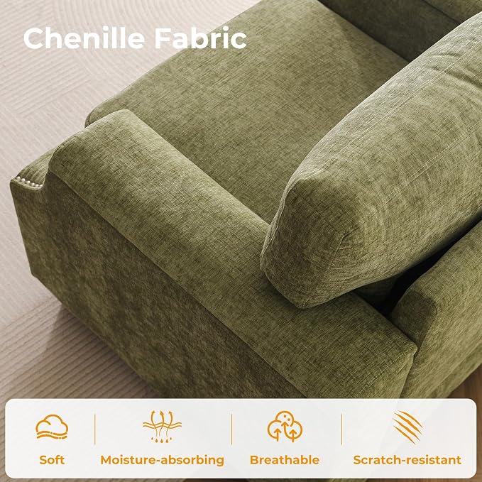 Rexulqo 85'' L Shaped Couch with Armrest Organizer,Comfy 3 Seats Sofa with Storage Ottoman,Chenille Sectional Couches for Living Room,Bedroom,Apartment,Sofa Set with Oversized Chair,Green