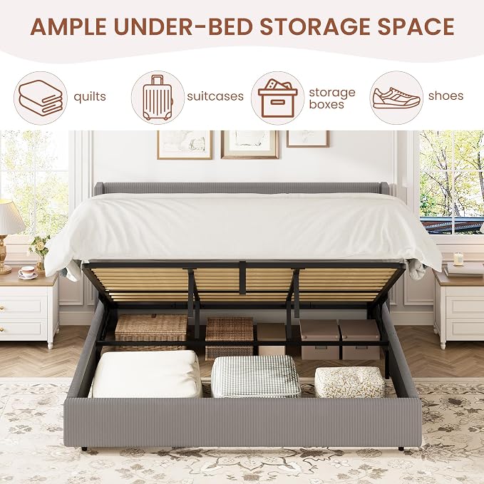 Garvee King Lift Up Storage Bed Frame, Corduroy Upholstered Platform Bed with Gas Lift, Padded Headboard, Wooden Slat Support, No Box Spring Needed, Easy Assembly, Taupe Grey