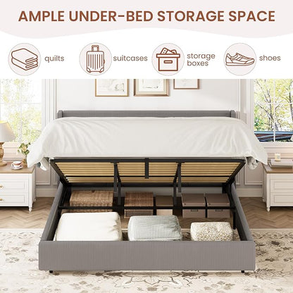 Garvee King Lift Up Storage Bed Frame, Corduroy Upholstered Platform Bed with Gas Lift, Padded Headboard, Wooden Slat Support, No Box Spring Needed, Easy Assembly, Taupe Grey