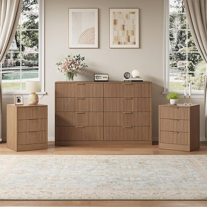 8 Drawer Dresser & 3 Drawer Nightstand Set 3-Piece, Tall Fluted Dresser and Night Stand Set of 2 w/Metal Handle, Modern Wood Chest of Drawers Storage Dressers Set for Bedroom, Natural Wood