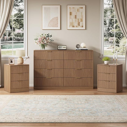 8 Drawer Dresser & 3 Drawer Nightstand Set 3-Piece, Tall Fluted Dresser and Night Stand Set of 2 w/Metal Handle, Modern Wood Chest of Drawers Storage Dressers Set for Bedroom, Natural Wood