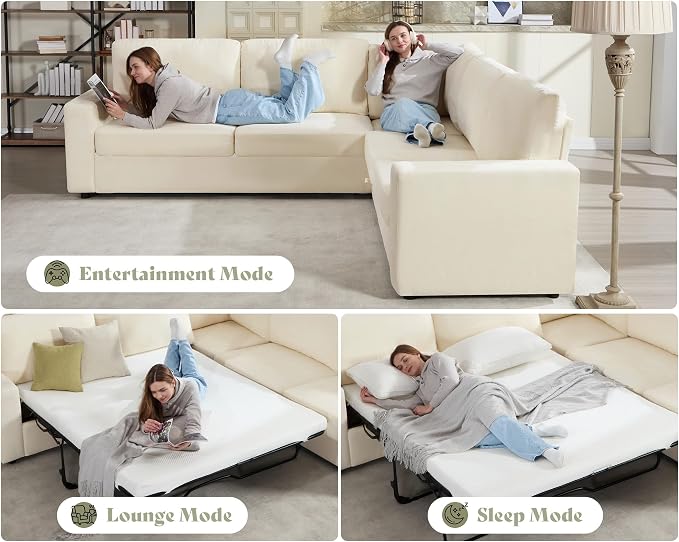 AMERLIFE 106" Oversized Sofa Bed, Sectional Sleeper Sofa with Pull Out Bed, 3 in 1 Convertible Sofa Bed, L Shaped Couch with Storage, High Resilience Mattress, Chenille Beige
