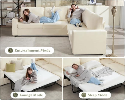 AMERLIFE 106" Oversized Sofa Bed, Sectional Sleeper Sofa with Pull Out Bed, 3 in 1 Convertible Sofa Bed, L Shaped Couch with Storage, High Resilience Mattress, Chenille Beige