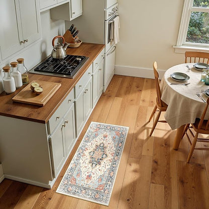 RELEANY Area Rugs Small 2'x4' Washable Non-Slip, Floral Vintage Distress Medallion Carpet for Kitchen Entryway Bathroom, Beige Navy Blue Orange Colorful